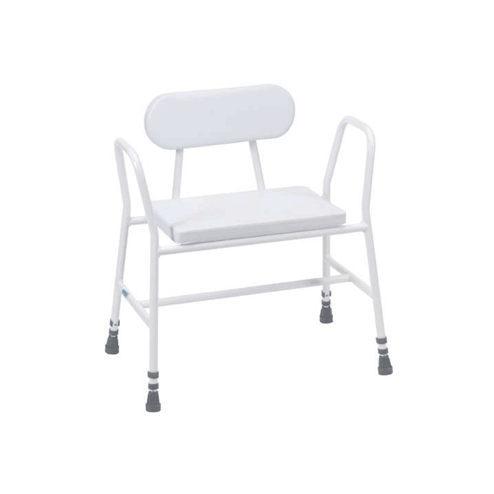 Heavy Duty Wide Shower/Perching Stool AdjHeight Arms and Padded Back Shop Countrywide