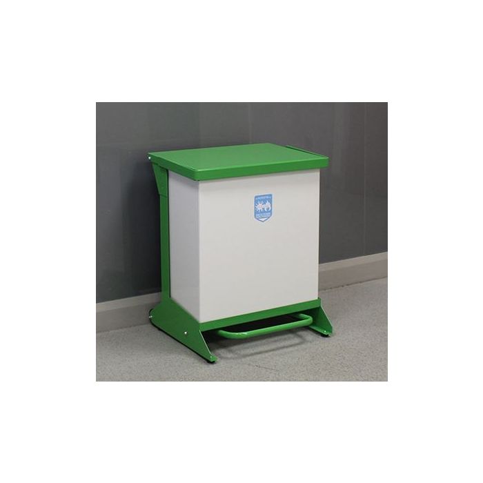 42 Litre Metal Hands-Free Clinical Waste Bin Green Lid  -  Each