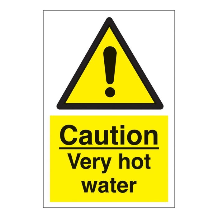 Caution Very Hot Water Sign Self-Adhesive Vinyl, Rigid Plast 100x100ml 