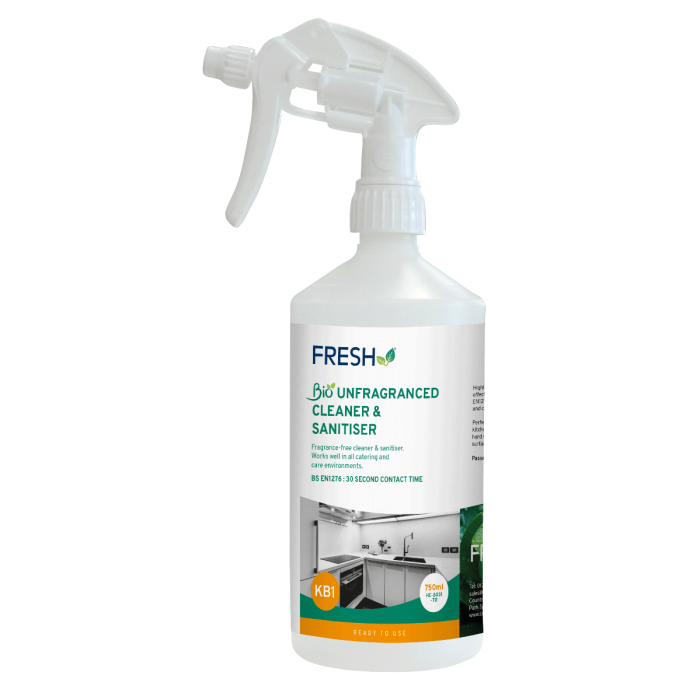 Trigger Bottle & Label for KB1 Fresh-Bio Sanitiser Fragrance Free Concentrate 