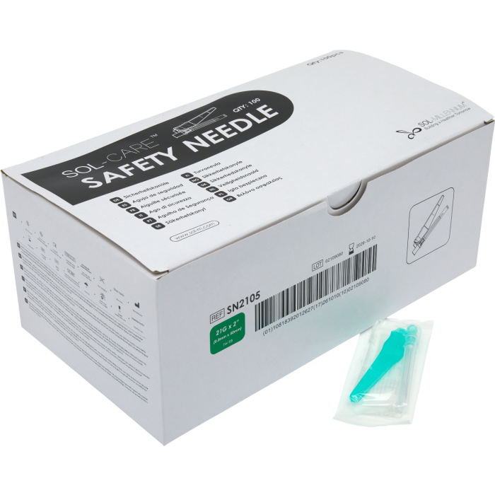 SOL-CARE Safety Needle 21G x 2" - Box of 100