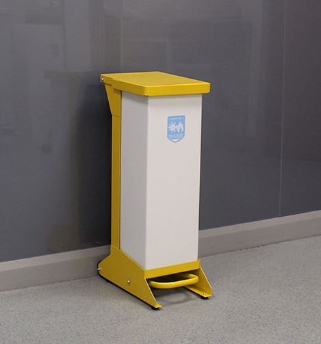 28 Litre Metal Hands-Free Clinical Waste Bin Yellow Lid  -  Each