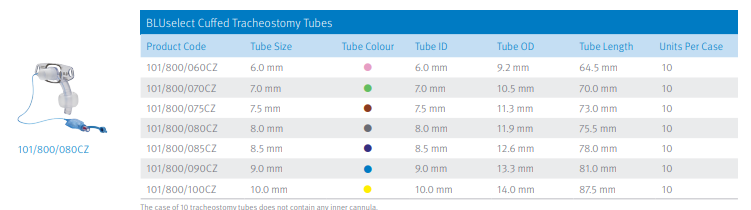BLUselect Cuffed Tracheostomy Tubes - 8.00mm - Box of 10