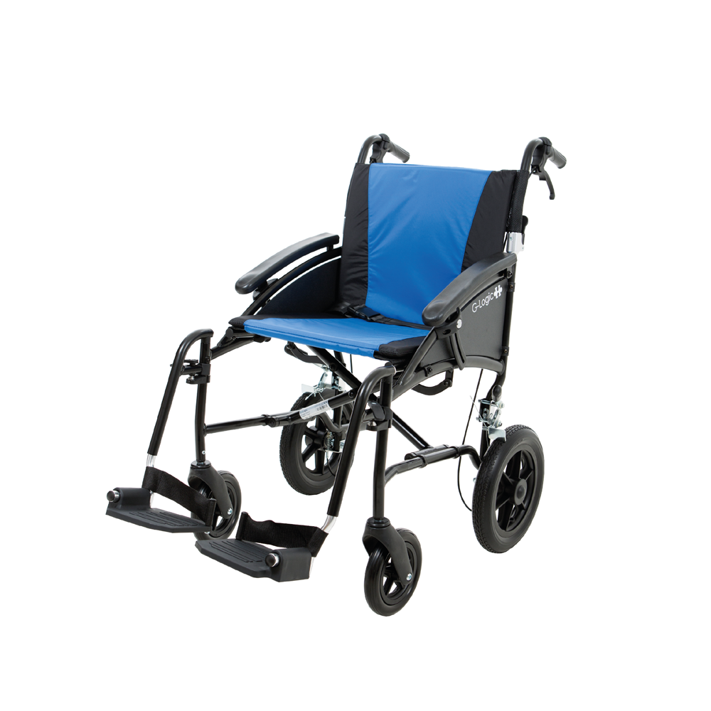 G-Logic Attendant Pushed Wheelchair, 45cm, Matt Black Frame - Blue Seating - Each