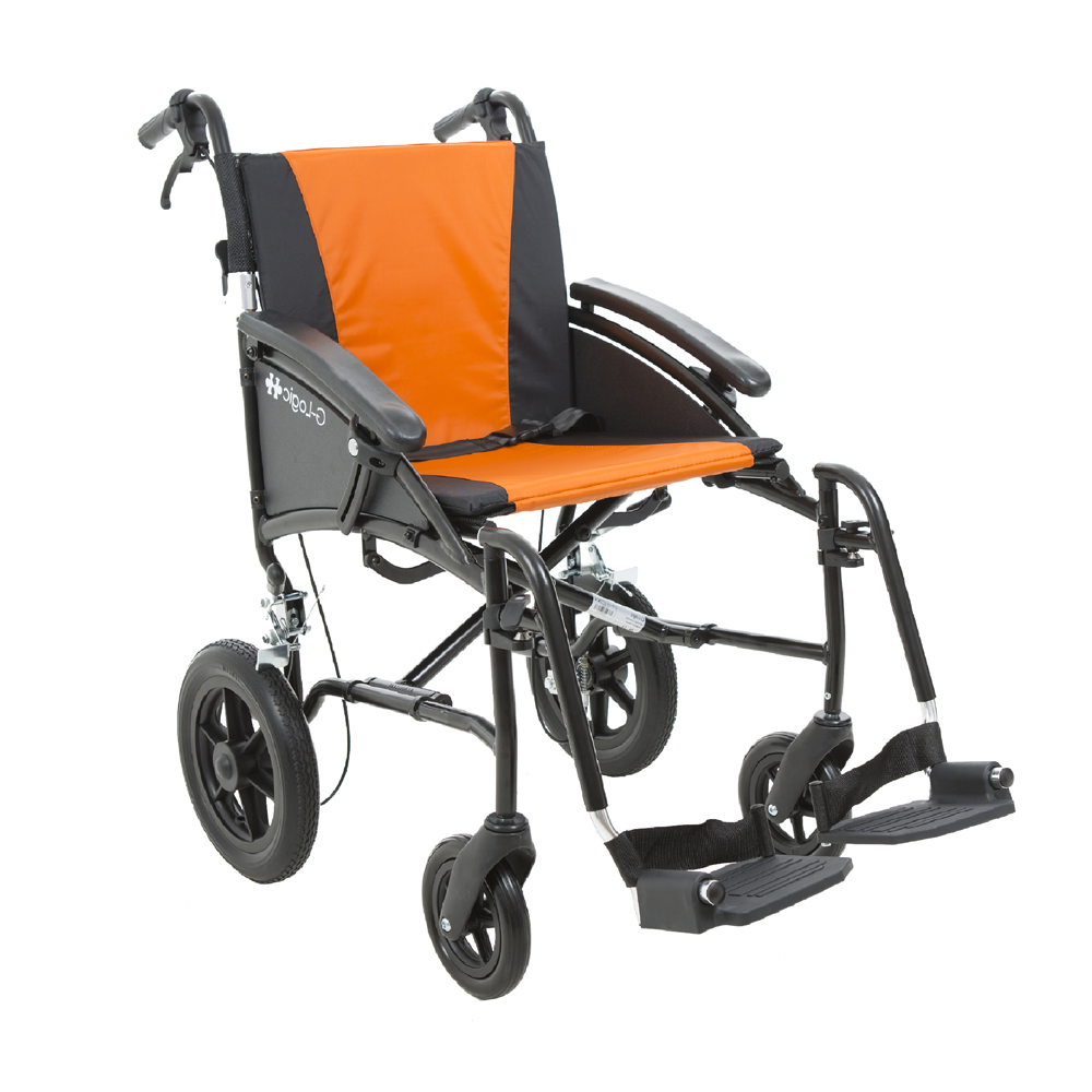 G-Logic Attendant Pushed Wheelchair, 45cm, Matt Black Frame - Orange Seating - Each