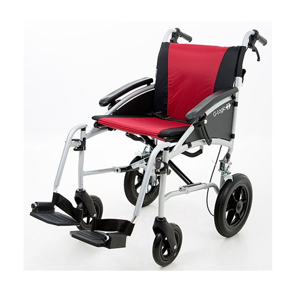 G-Logic Attendant Pushed Wheelchair, 45cm, Matt Black Frame - Red Seating - Each