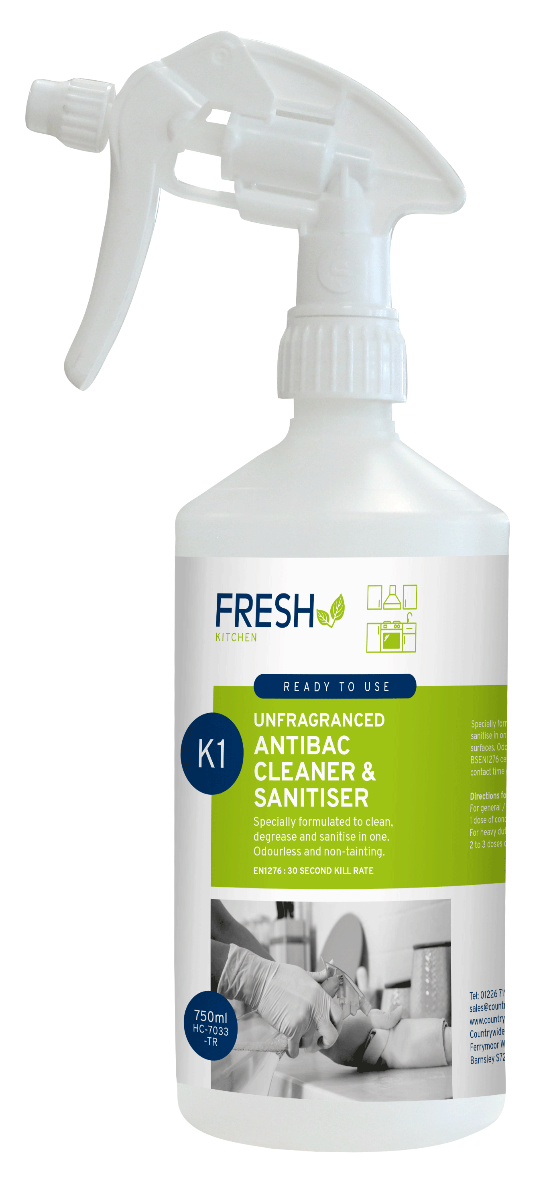 Trigger Bottle & Label for K1 Fresh Super Concentrated Antibac Kitchen Cleaner and Sanitiser