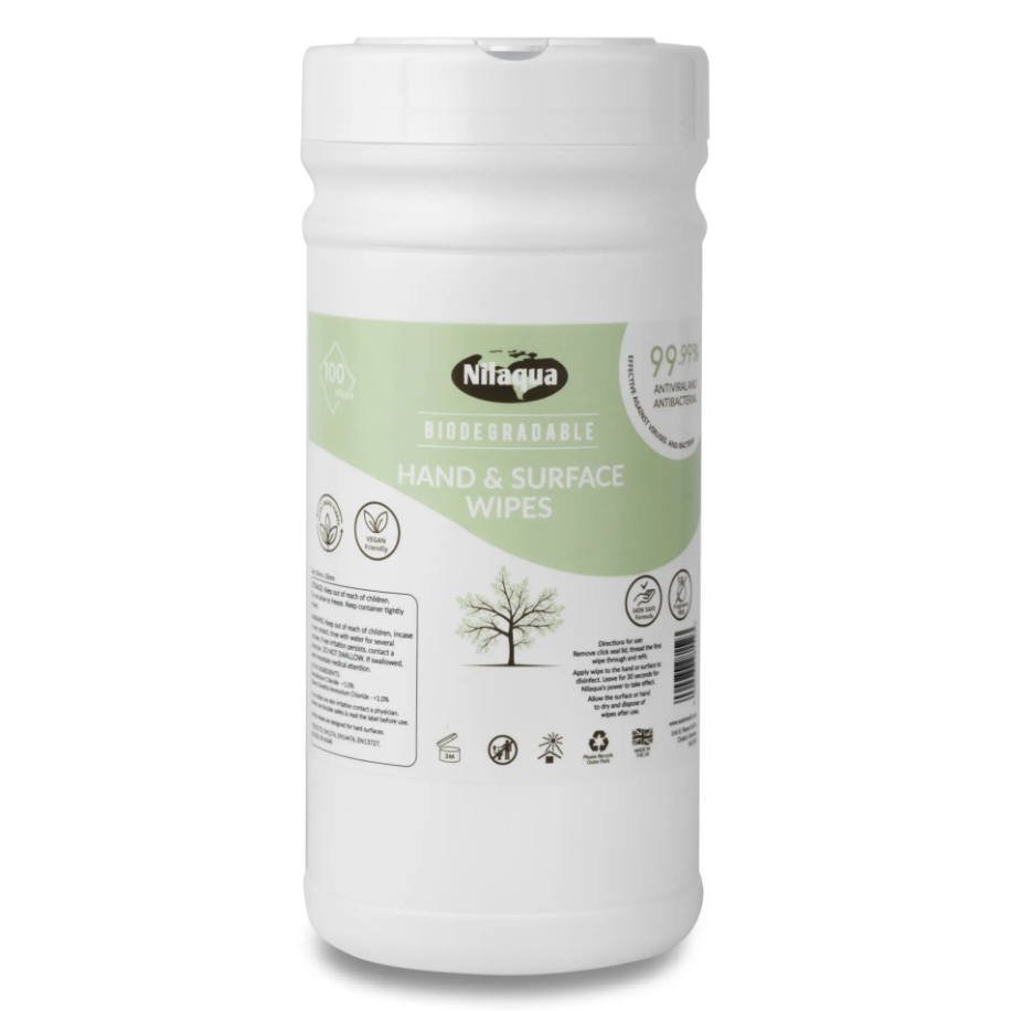 Nilaqua Biodegradable Surface & Hand Wipes - Tub 100 