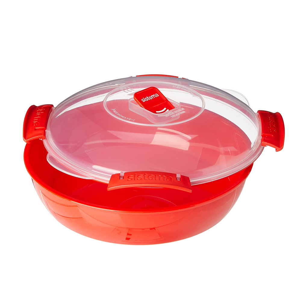 Sistema Microwave Round Food Container/Cookware Bowl | 1.3 L Food Steamer | Red/Clear